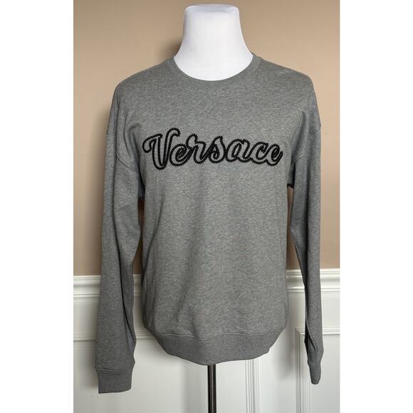 Versace Embroidered Men's Long Sleeve Sweatshirt Fleece Gray XS 1014426 NWT $750 - Picture 1 of 12
